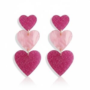 Pink Triple Heart Dangle Earrings Glitter Acrylic French Wire Valentine NWT